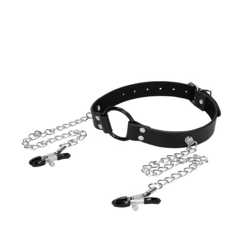 MORDAÇA COM ANEL E PINÇAS PARA OS MAMILOS PRETA OUCH! - Image 4