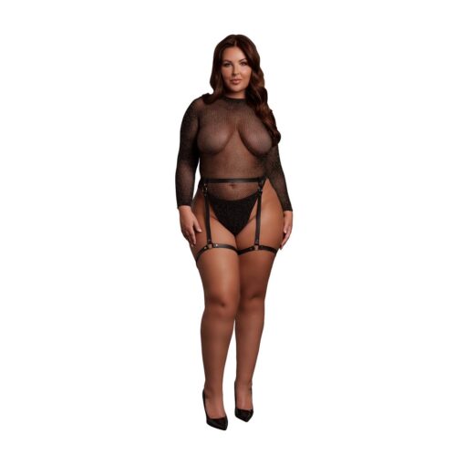 BODY COM CINTO DE LIGAS EM COURO PRETO/DOURADO BRILHANTE TAMANHO QUEEN LE DÉSIR - Image 4